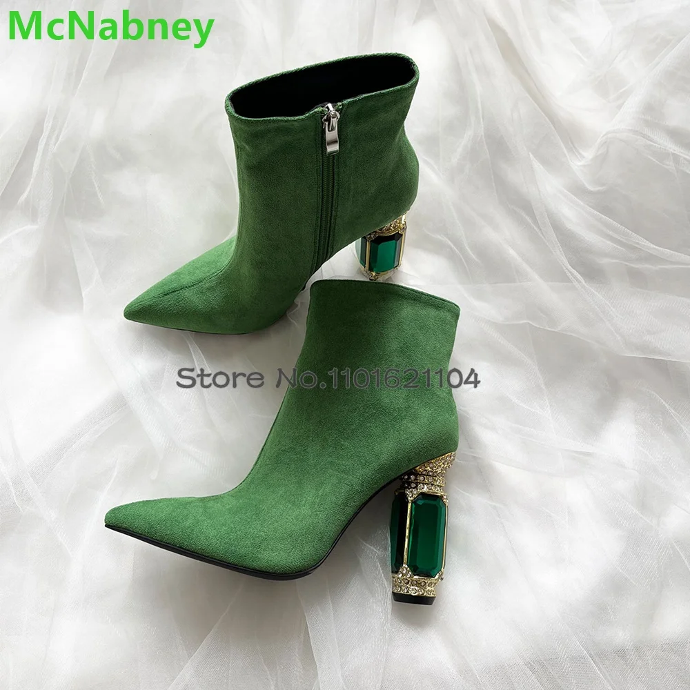 Rhinestone Square Heel Short Boots For Female Women 2024 New Pointed Toe Side Zipper Suede Fabric Handmade Elegant Luxury Shoes