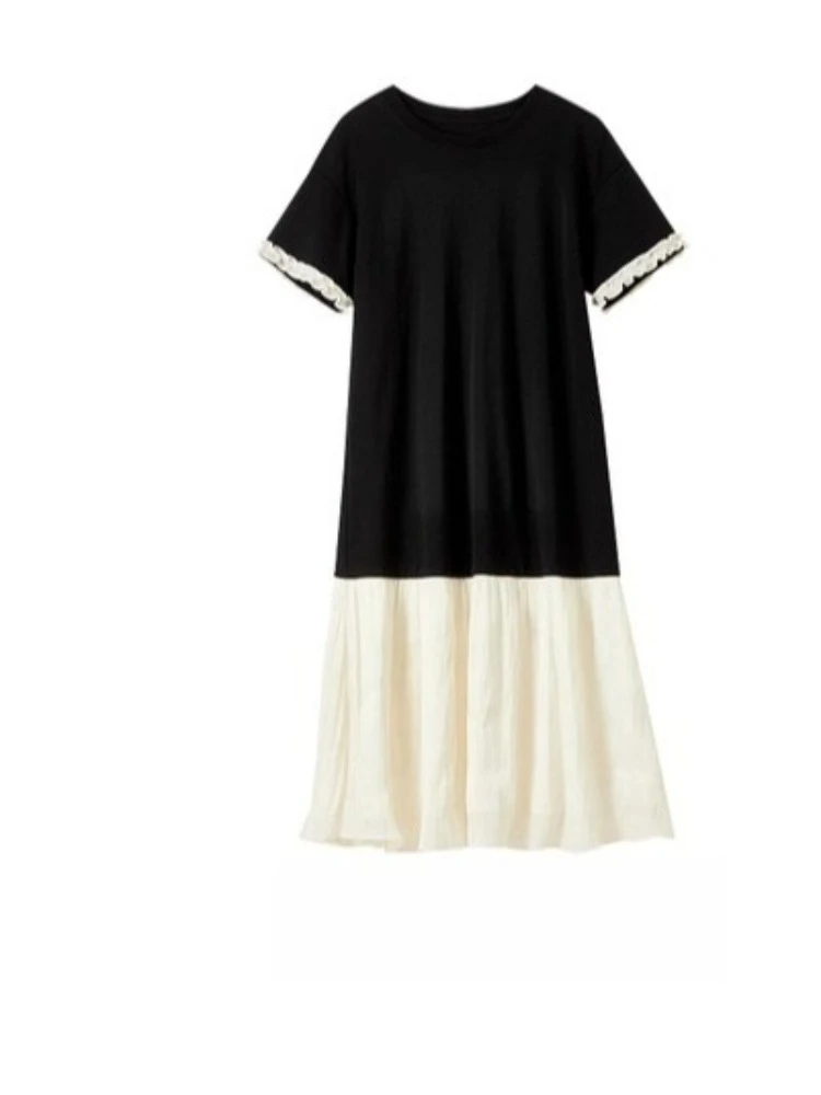 Sentubila Color-Block Dress Woman 2025 Summer New Casual Black Beige Loose Fit O-neck Knitted Dress Edible Tree Fungus 152LN1751