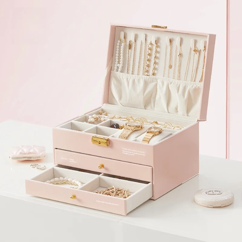 

High-End Elegant Jewelry Storage Box Gold Necklace Earring Hair Accessory Organizer Leather Material Lockable for Closet Use