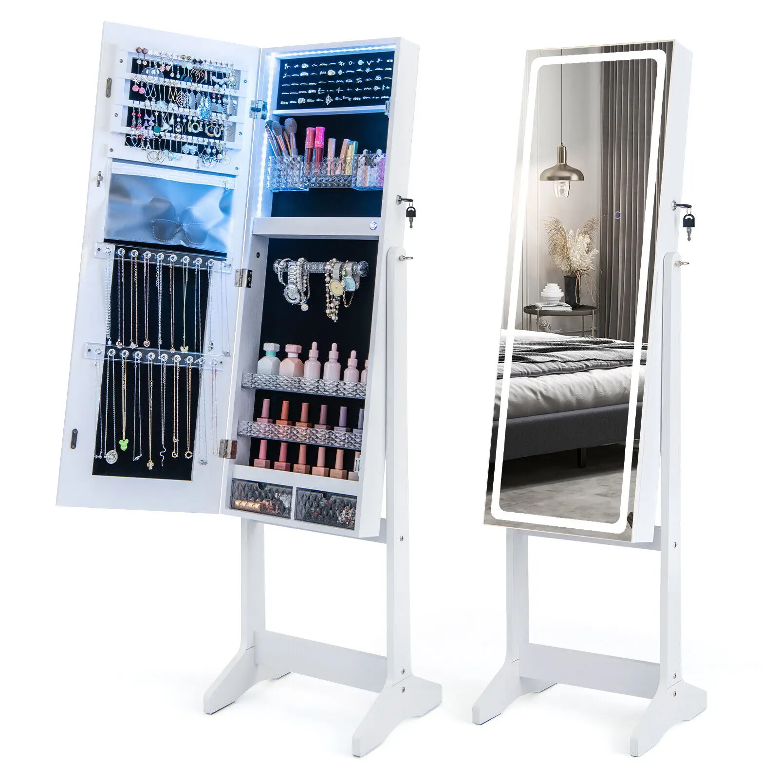 3 Color Light LEDs Mirror Jewelry Cabinet Jewelry Armoire Organizer Full-Length