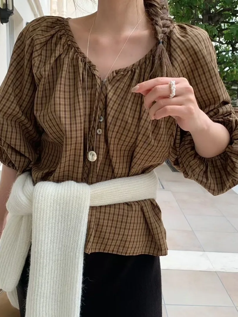 レトロな格子縞のサロングスベ レディース イルト スウィート ランタン スベ トップス 初秋の新作 韓国風 スレ エレ スモール イルト