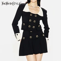 TWOTWINSTYLE Temperament Two Piece Set For Women Square Collar Long Sleeve Top High Waist Mini Skirt Slimming Sets Female New