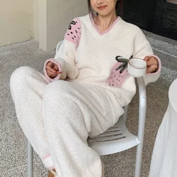 Pajama Woman Winter New Strawberry Padded Thickened Warm Half Velvet Nightgown Female Home Wear 2 Piece Suit Soft Girl Sleepwear