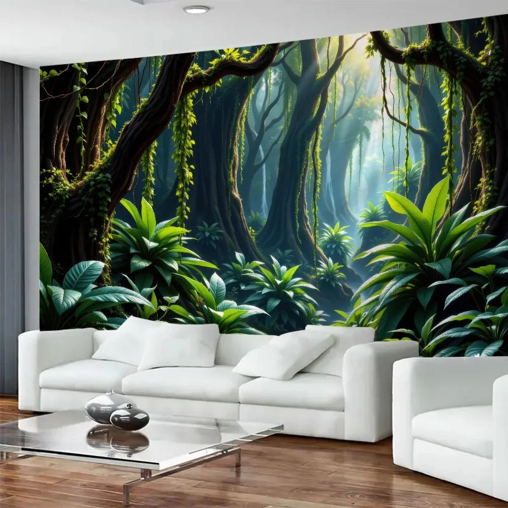 Aesthetic Jungle Tapestry Wall Hanging Polyester Fiber Forest Waterfall Decor for Living Room Bedroom Office