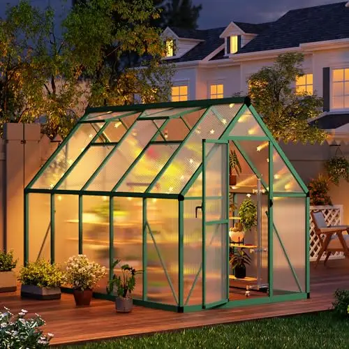 8x12 FT Outdoor Greenhouse, Polycarbonate Greenhouse with Roof Vent and Ground Nails, Aluminum Large Walk-in Green