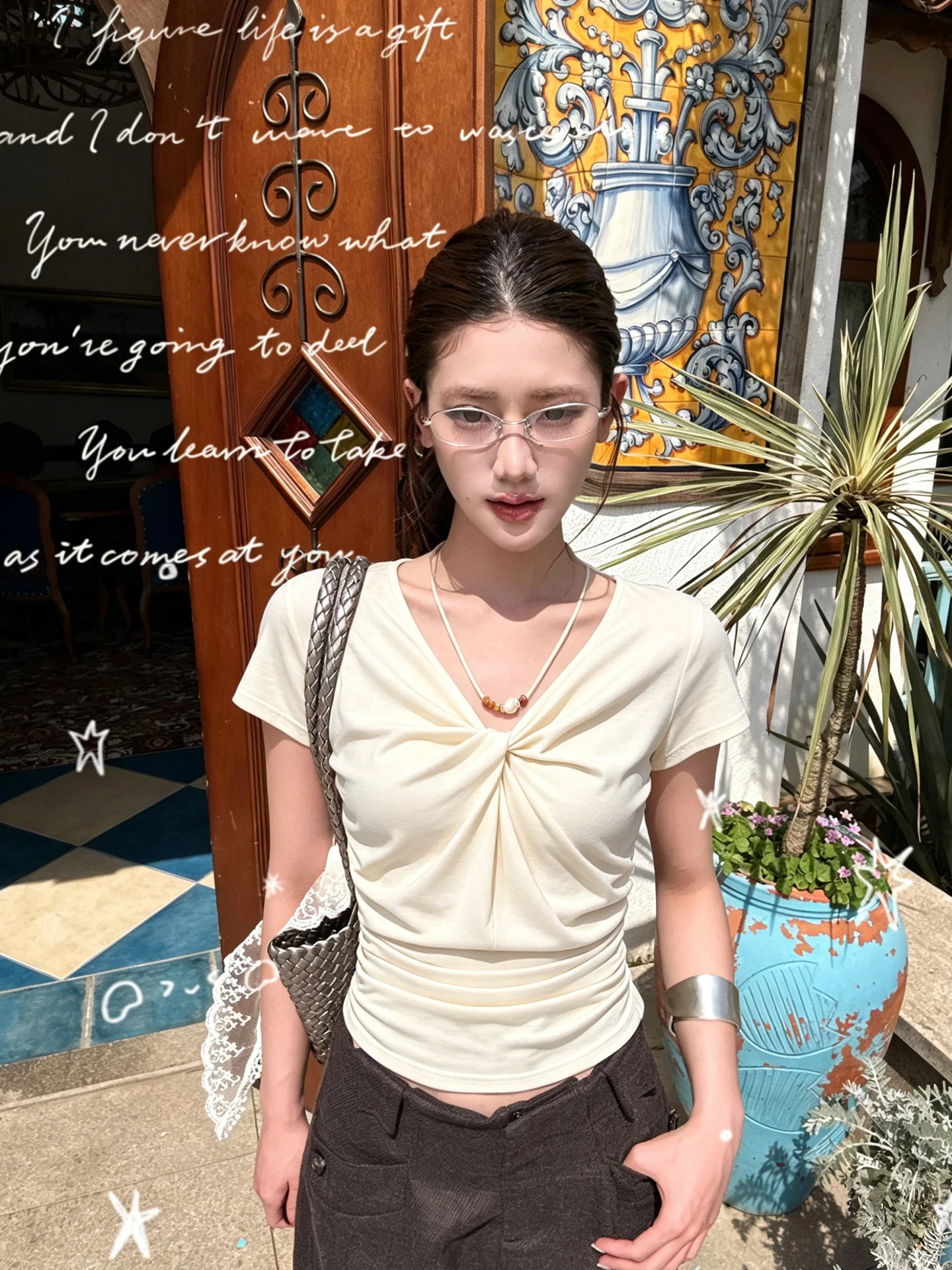 

Korean Style V-Neck Knot Short Sleeve T-Shirt Women's Summer Slimming Sweet And Spicy Girl Waist-Cinching Top Trendy