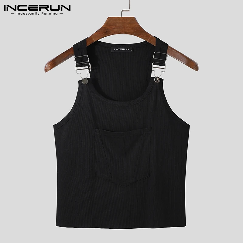 INCERUN Tops 2023 Men\'s Waistcoat American Style Male Solid Color Comfortable All-match Strap Buckle Stretch Knitted Vests S-5XL