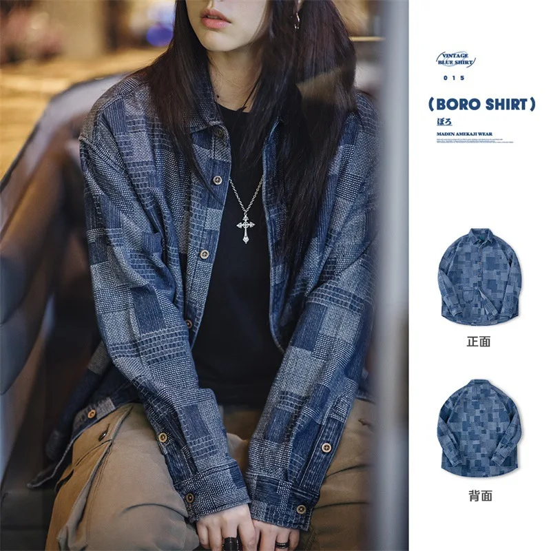 

Женская джинсовая куртка в американском стиле ретро Boro, весенне-осенние свободные рубашки с длинными рукавами и джинсовая куртка для женщин, верхняя одежда