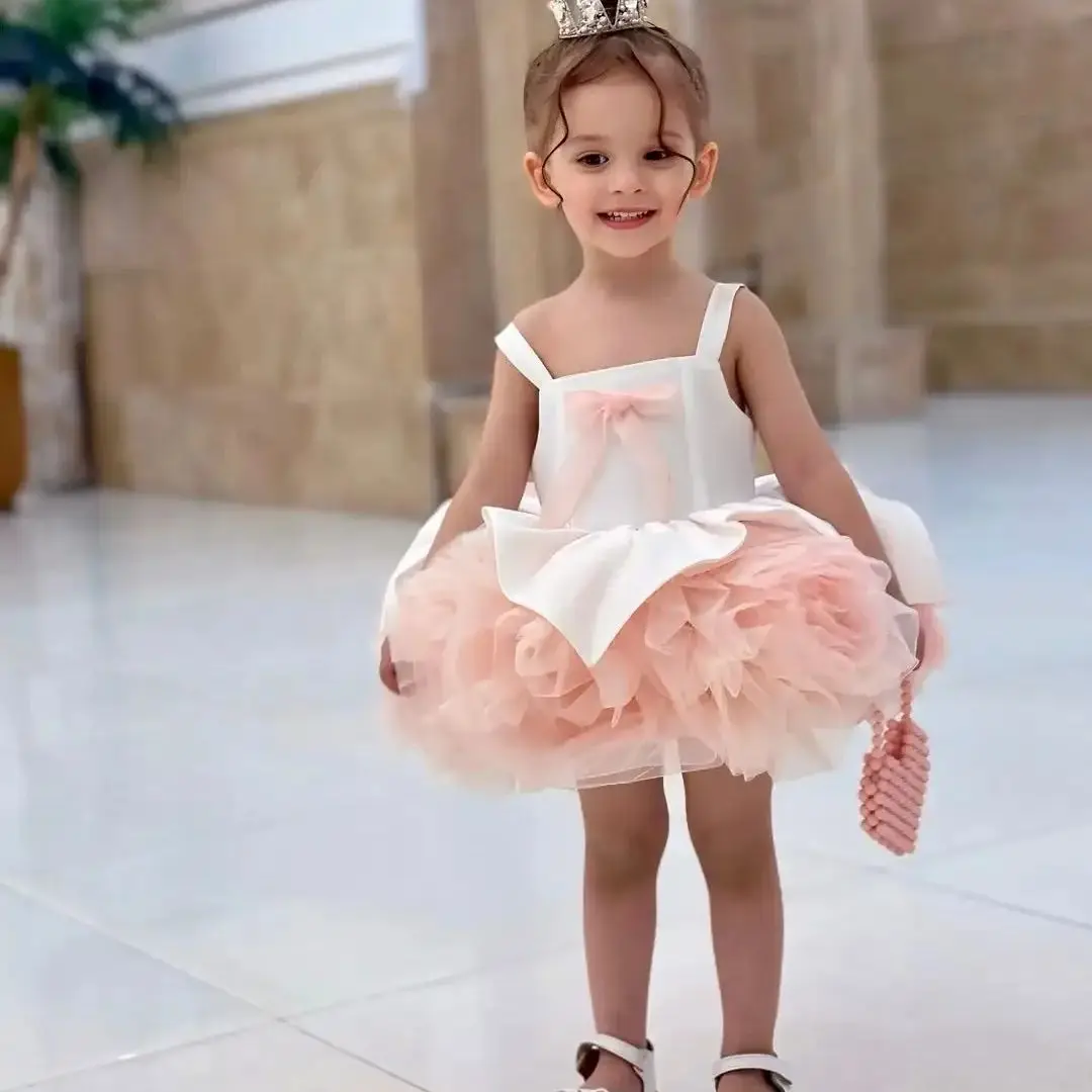 

Индивидуальные розовые платья для девочек с цветочным узором и бретельками для свадьбы, с бантом, длиной до колена, для конкурсов красоты, детских праздников и дней рождения