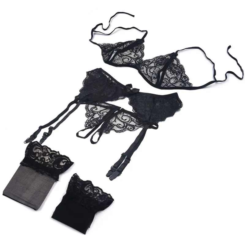 

Lace Women Lingerie Set 4 Pcs Sling Open Bra Sexy Wiht Garter Panties Push Up Bra Set Erotic Transparent Underwear Net Stockings
