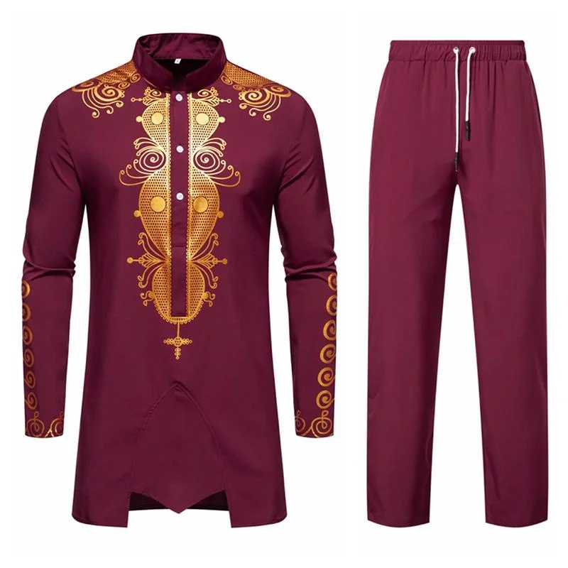 New Men\'s Ethnic Style Printed Robe Set of Long Sleeves + Pants Two-piece Men\'s Traditional Clothing Suit Men\'s Sets