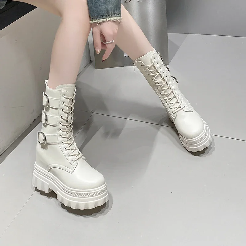 12CM Brand Ladies Goth Platform Ankle Boots Fashion Buckle Rivet Punk Wedges High Heels Womens Boots Party Street Woman Shoes