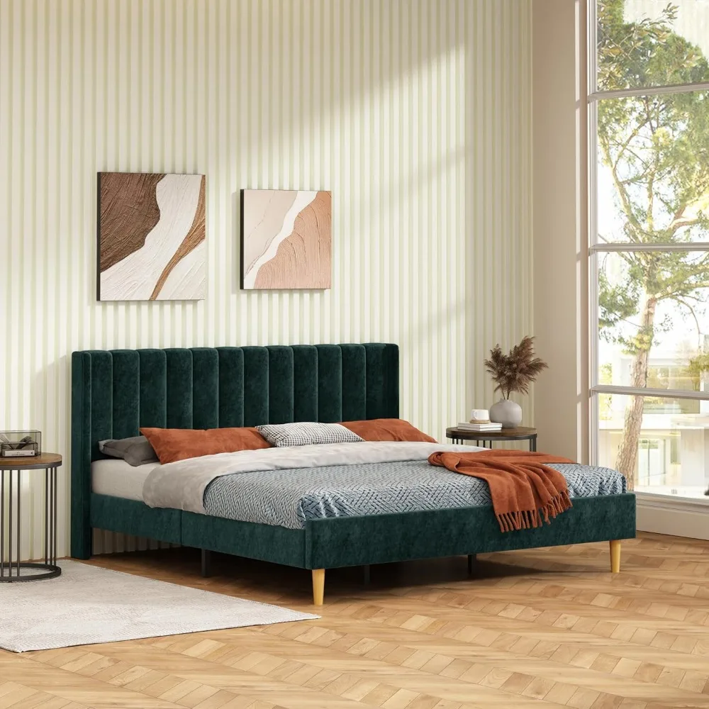 king size bed frame, velvet upholstered platform bed with vertical channel tufted wingback headboard, wooden slats support, no b