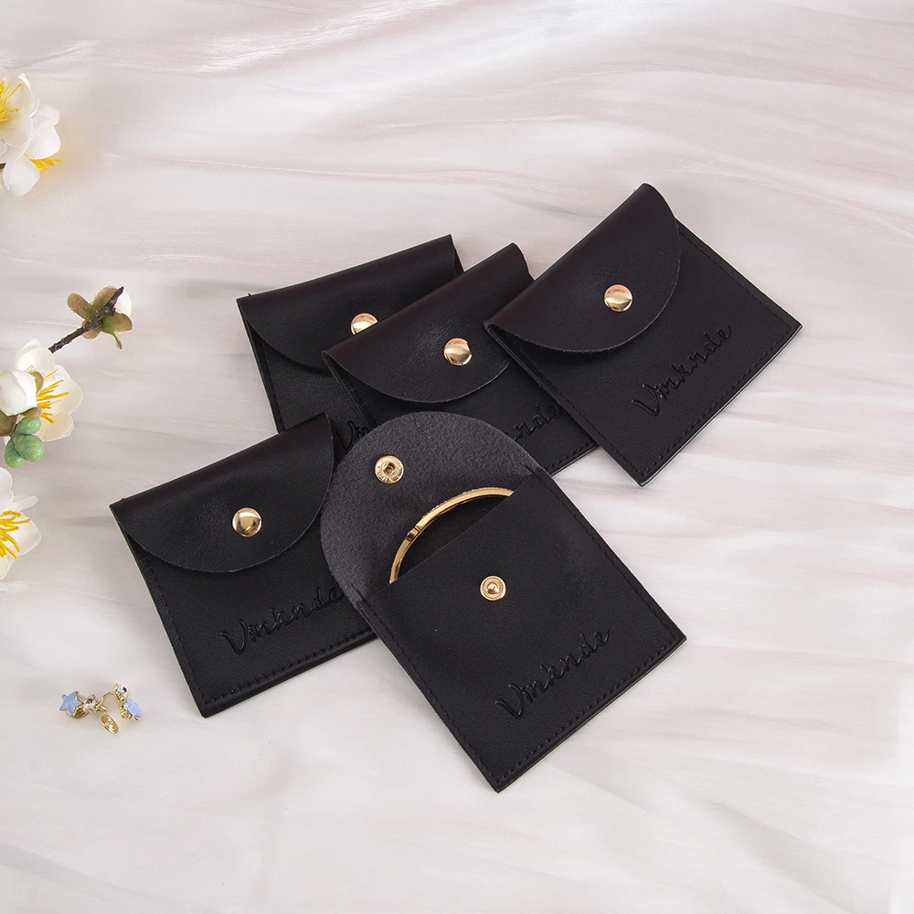 

Personalized Logo Black PU Jewelry Snap Bag 6x6cm Small Leather Button Pouch For Wedding Earring Key Ring Bracelet Pendant Bulk