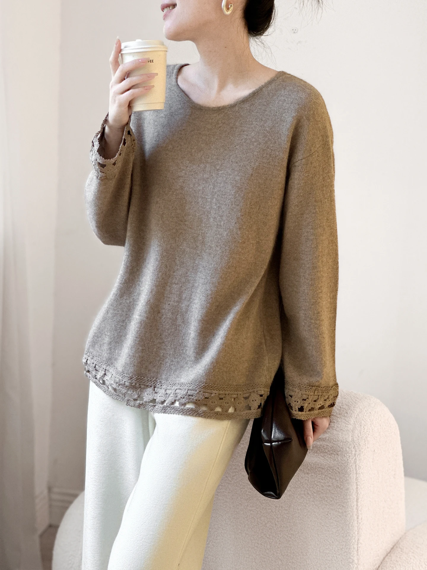 

Женский вязаный свитер Ele из шерсти с кружевной отделкой: новая зимняя коллекция, повседневный свободный крой, длинный рукав