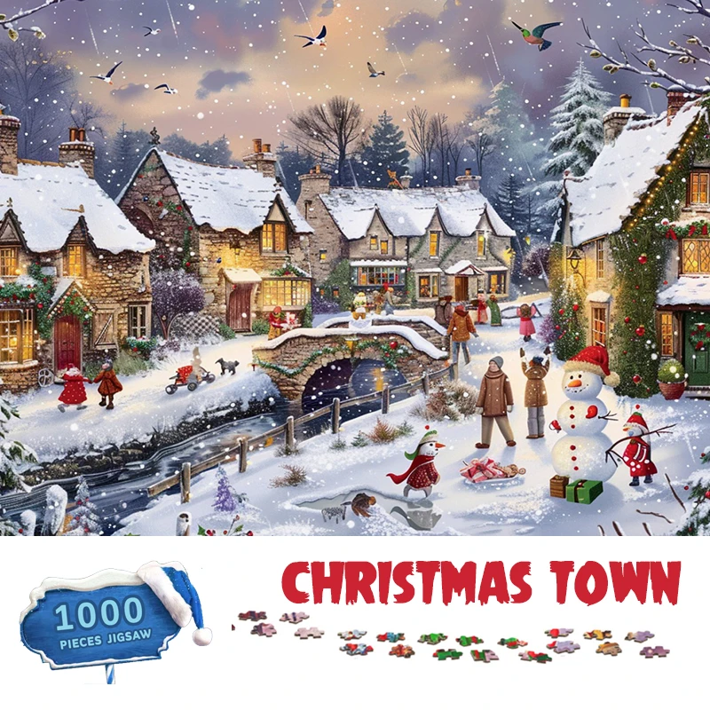 Rompecabezas de Feliz Navidad, rompecabezas de papel de 1000 piezas, rompecabezas para adultos de 70x50cm, rompecabezas de dificultad de ciudad navideña, decoración de pared para el hogar