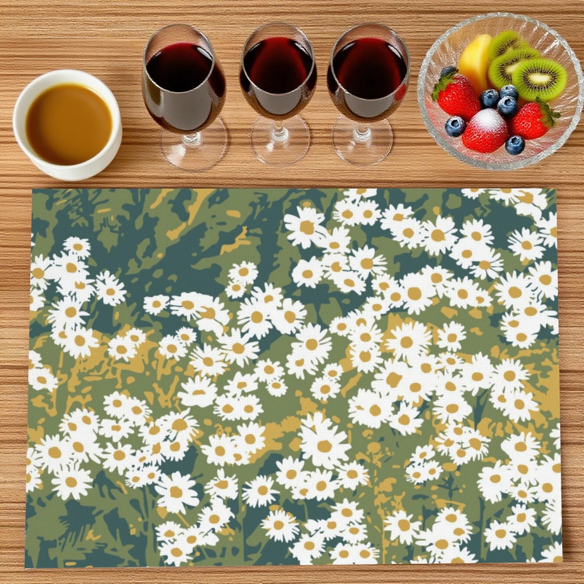 Tovaglietta per pasto leggero rurale francese e tè pomeridiano Margherita Elementi naturali a base verde Tovaglietta per decorazioni abbinate per feste di yogurt di bacche