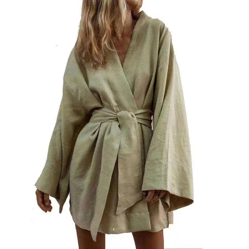 Women's Elegant Solid Cotton Linen Robe Long Sleeve Belt For Casual And Formal Occasions Bathrobe Simple Japan Style Kimono image 2