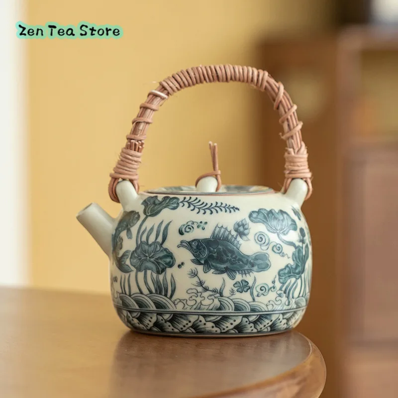 Beige Glaze Fish Algae Pattern Blue And White Ceramic Pot Household Single Pot Teapot Large Capacity Beam Teapot