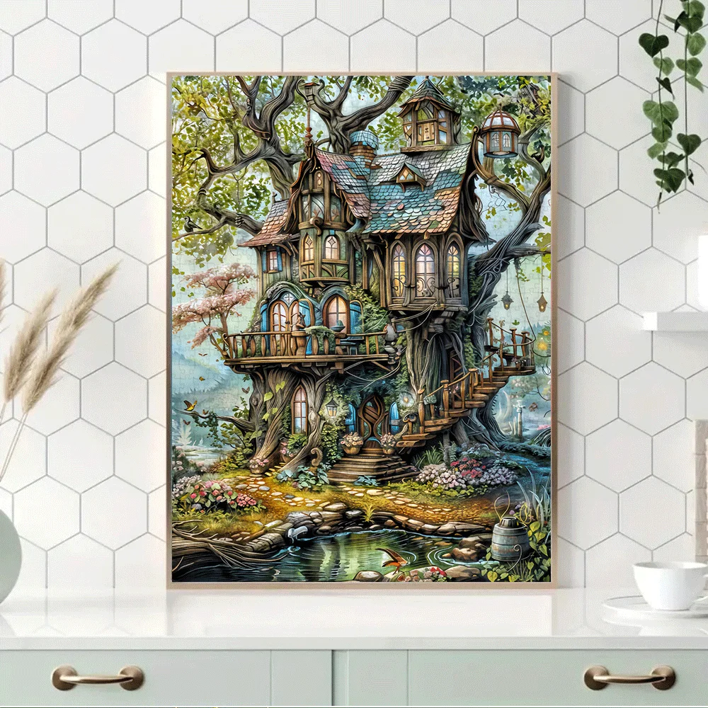 1000 قطعة من ألغاز بيت الشجرة المسحورة - عمل فني خيالي نابض بالحياة مع خضراء مفعمة وتفاصيل ملونة، بطاقة مطبوعة عالية الجودة #5