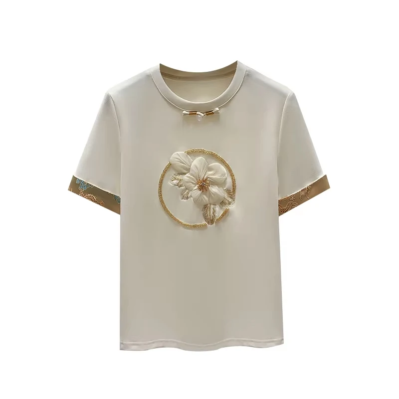 Flower embroidery Fashion Plant Trend Style Short Sleeve Women Graphic Tee Summer T Clothing Female Clothes Casual T-shirts chic