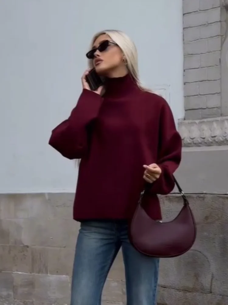 2024 Elegant Burgundy Turtleneck Pullover Sweater Women's Chic Casual Loose Long Sleeved Jumper Autumn Female Basic Knitwear ﻿