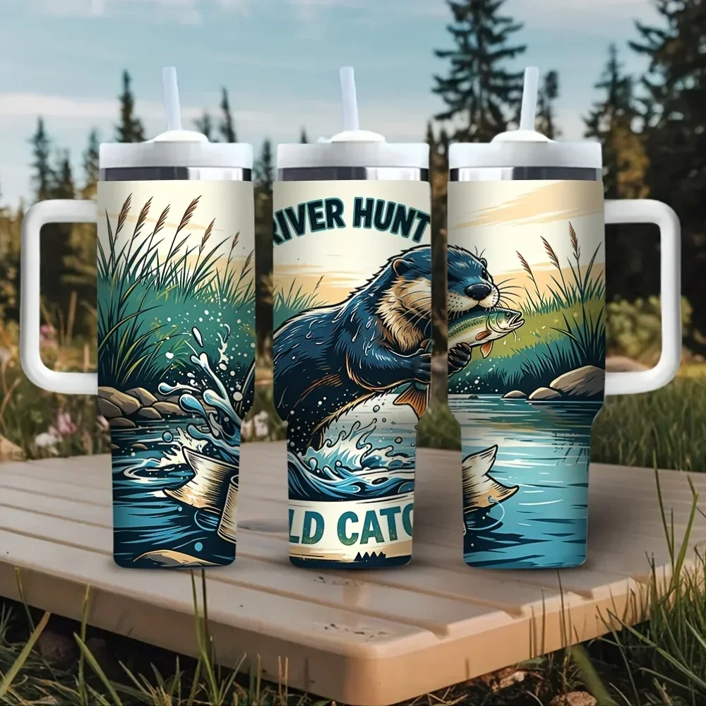 40Oz River Hunting Otter Catching Fish Print Tumbler with Handle, Fits Both Hot And Cold Drinks, Ideal for Fishing Lovers for Daily Use Outdoor Camping Hiking And Fishing Trips