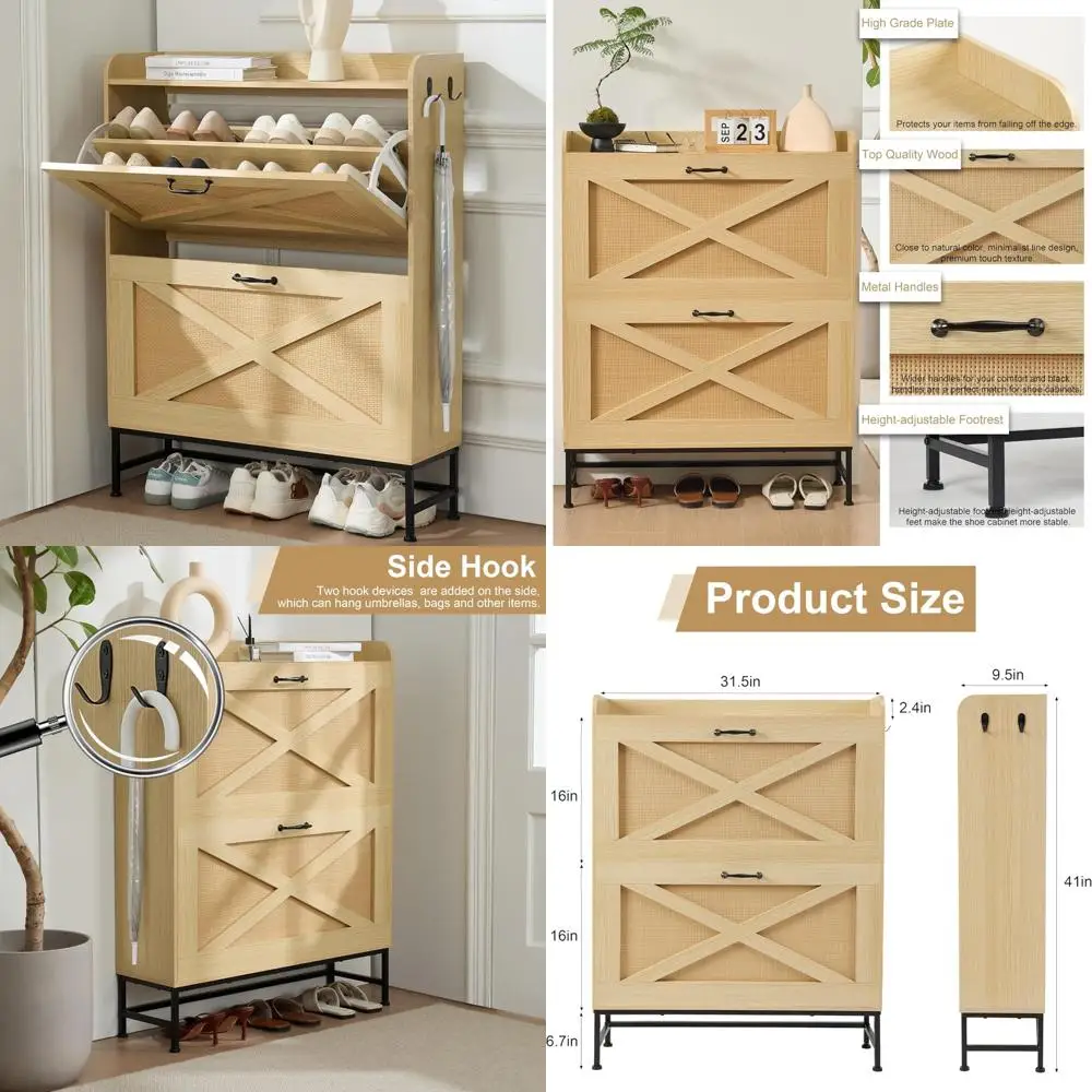 

Freestanding Rattan Shoe Organizer Cabinet with 2 Flip Drawers for Entryway Storage Solutions