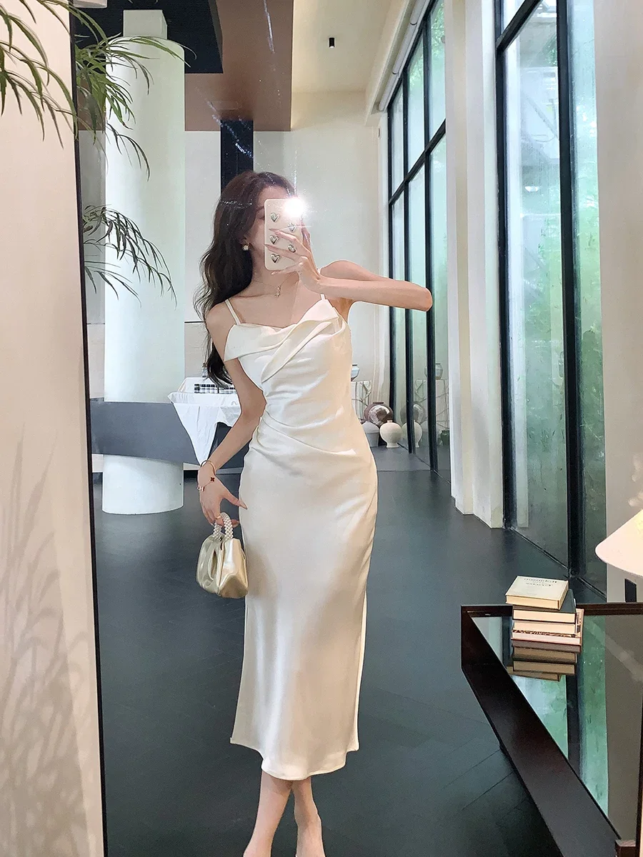 Elegant Silky Satin Sleeveless Spaghetti Strap Slit Dress Slim Long Dress Party Club Birthday Wedding