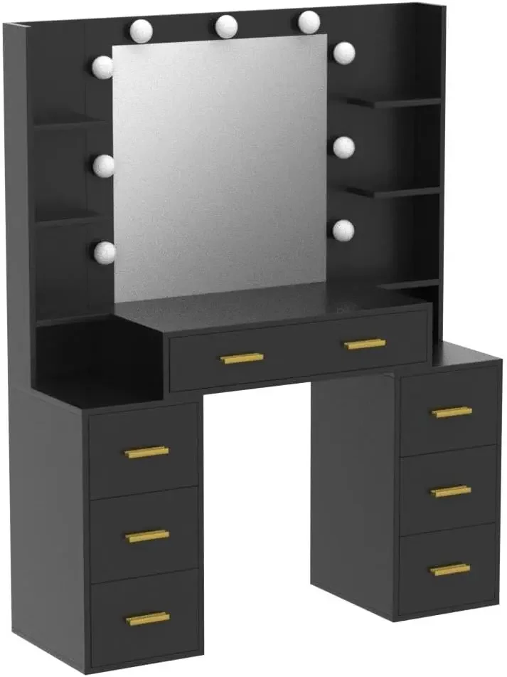 PAKASEPT Vanity Set con specchio illuminato, vanità per il trucco da 43 ''con stazione di ricarica, Vanity Desk con lampadina a LED da 9 pezzi, Storage