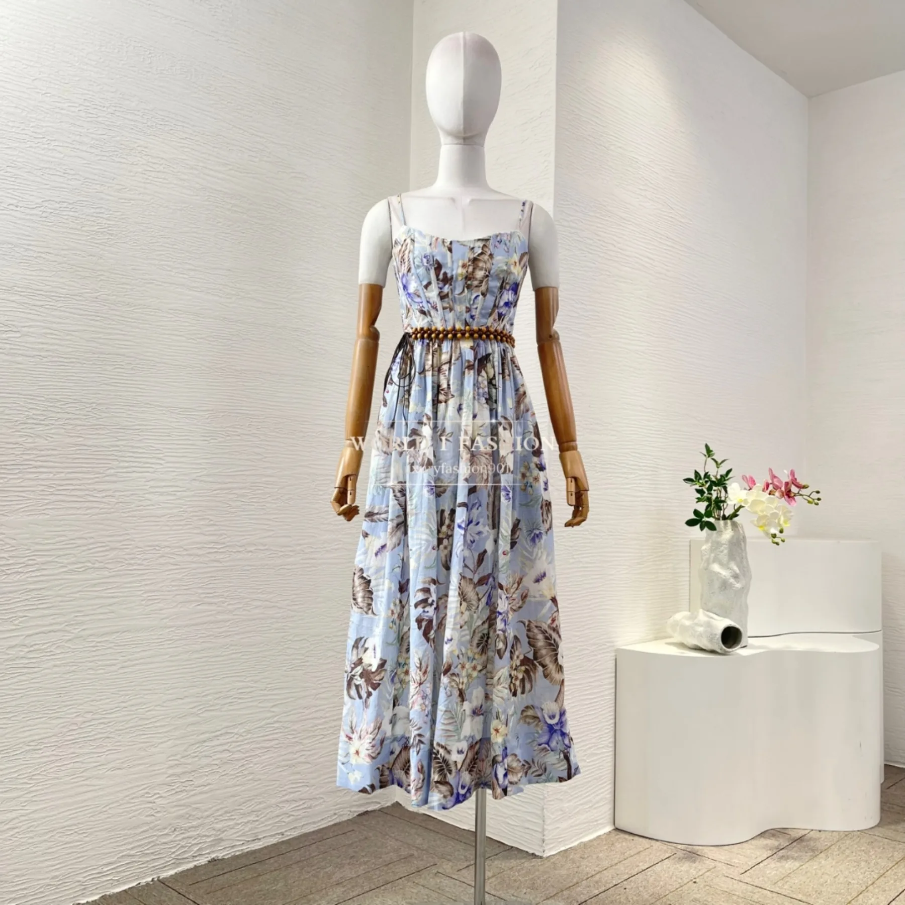 

Cotton 2025 New High Quality Blue Violet Purple Sleeveless Floral Print Midi Dress