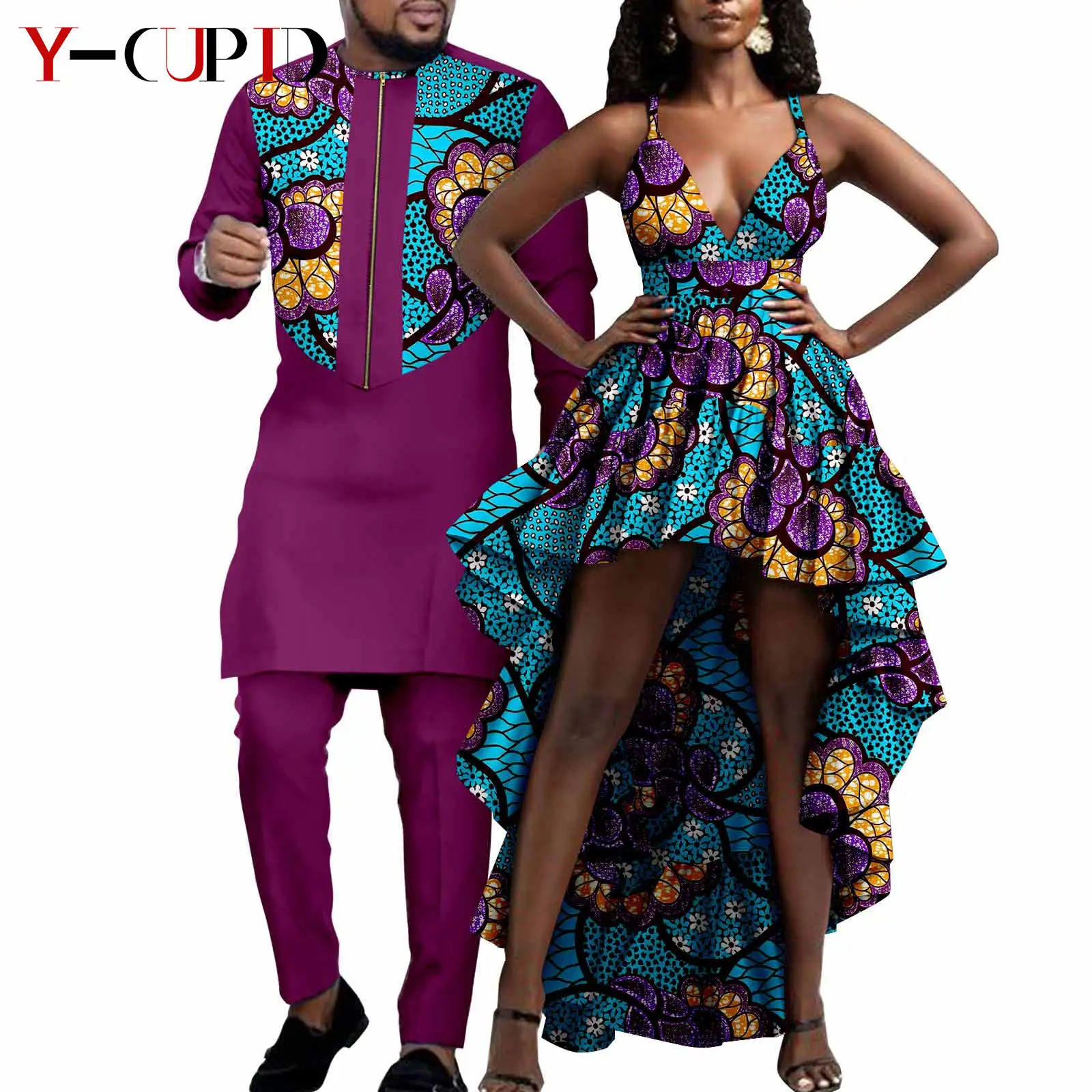 African Dresses for Women Sexy Deep V-neck Asymmetrical Dress Matching Couple Outfits Men Zipper Shirt and Pants Sets Y23C010