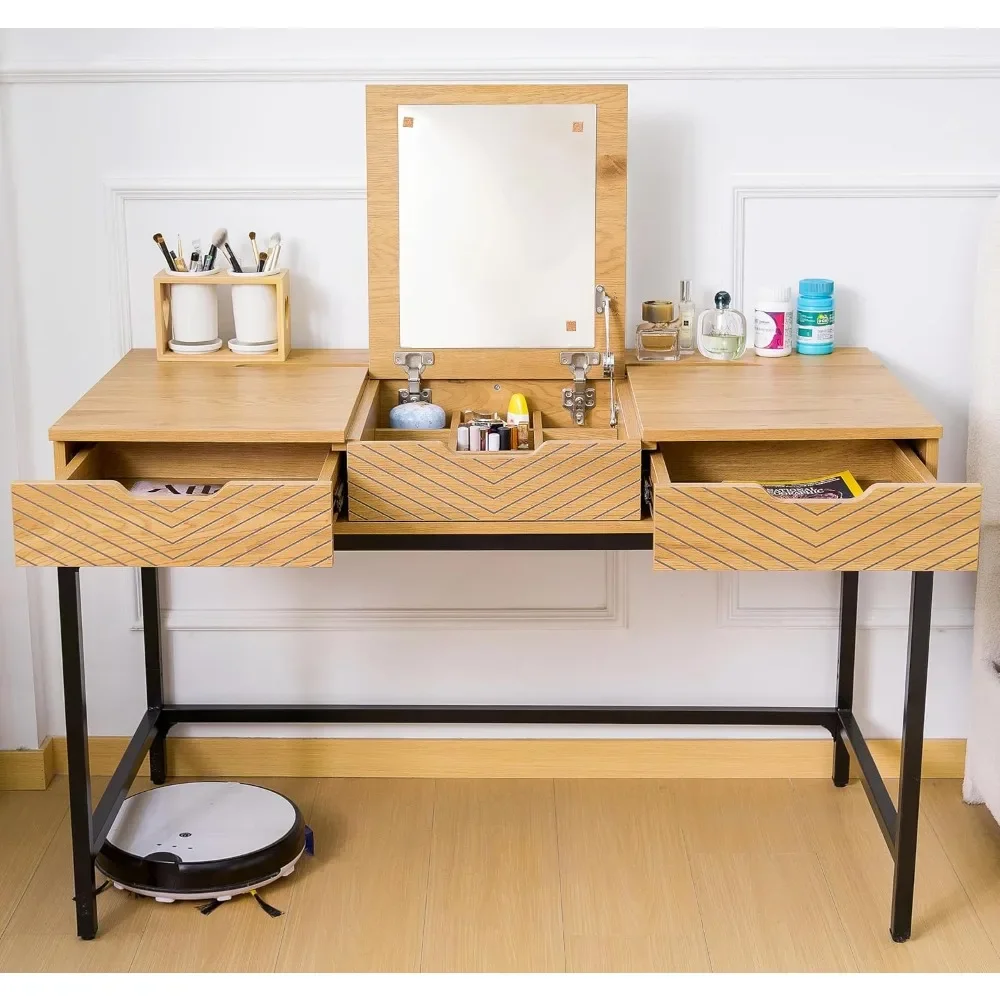 

47" Makeup Vanity Desk with Mirror，Girls Vanity Dressing Table for Bedroom, Home Office Desk w/ 2 Drawers & Cable Management, N