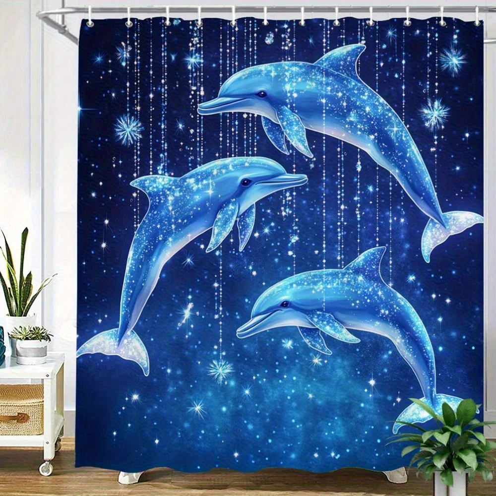 Magical Sparkly Dolphin Shower Curtain Polyester Digital Printing Three Shiny Glittery Blue Jumping Dolphins Twinkling Stars