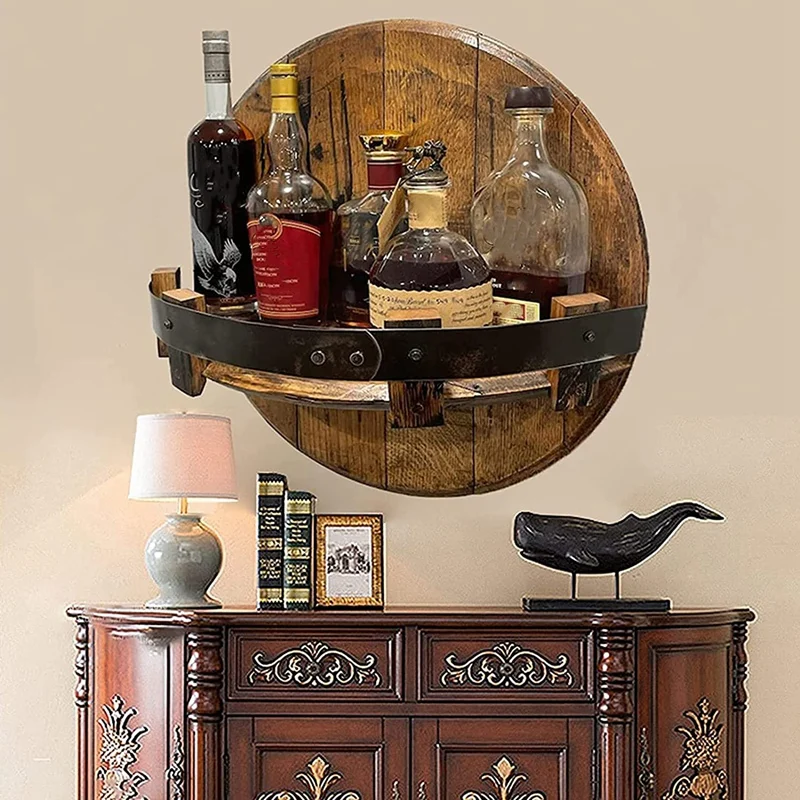 Handcrafted Liquor Bottle Display, Wall Mounted Whiskey Barrel Shelf, Vintage Round Wine Rack Whisky Display