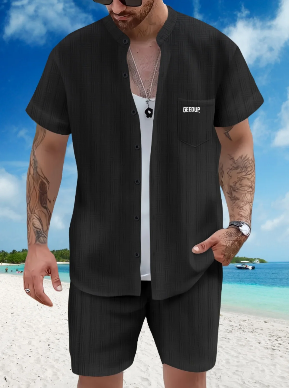 Men's 2025 Casual Beach Short Sleeve Suit Summer Fashion Stand Collar Pocket Loose Shirt Two-Piece Set