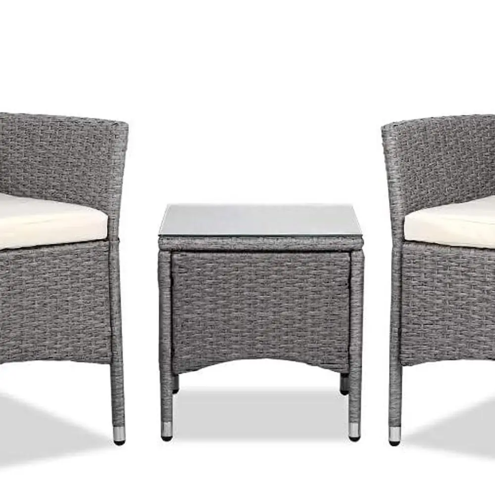 Grey Outdoor Bistro Set: 3-Piece Wicker Patio Furniture with Cushions and Glass Top Coffee Table