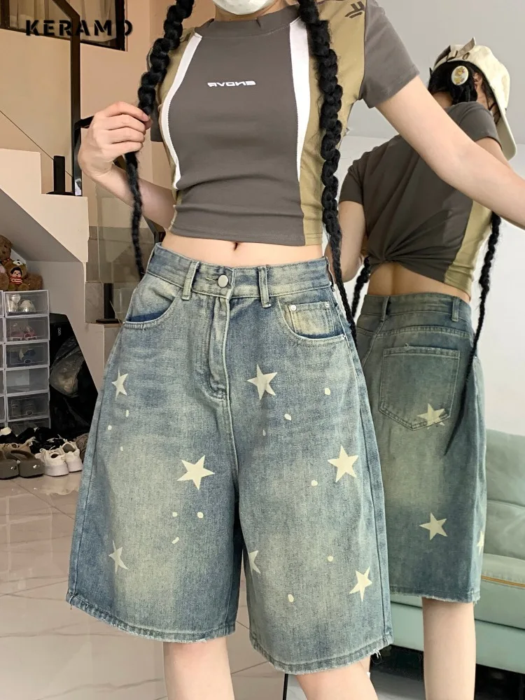 American Vintage High Waist Jeans Women's Casual 2000s Stars Print Retro Shorts Baggy Y2K Wide Leg Grunge Washed Denim Shorts