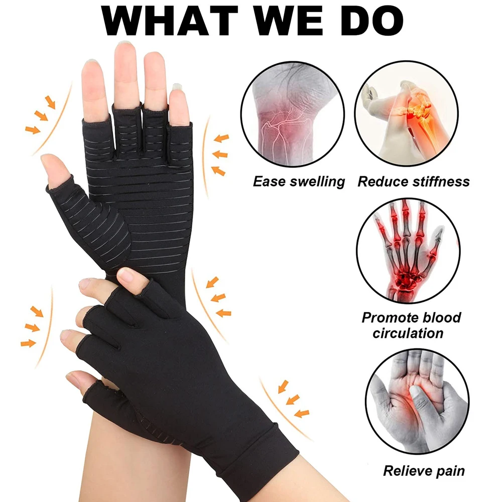 1 Pair Compression Gloves Hand Copper Arthritis Gloves Joint Pain Relief Half Finger Anti-slip Therapy Gloves For Womens Mens