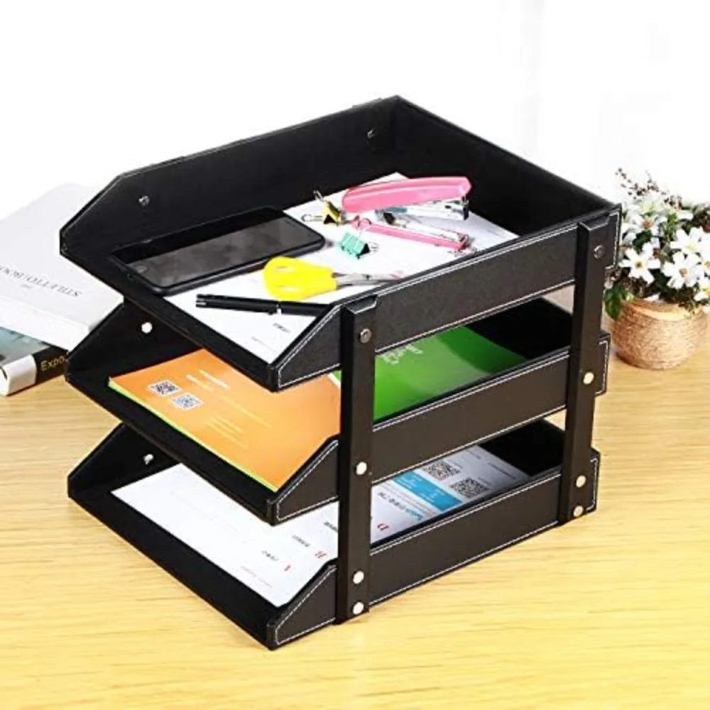 Letter tray leather desktop document organizer, 3 tier shelf document holder tray, office desktop accessories folder/bill