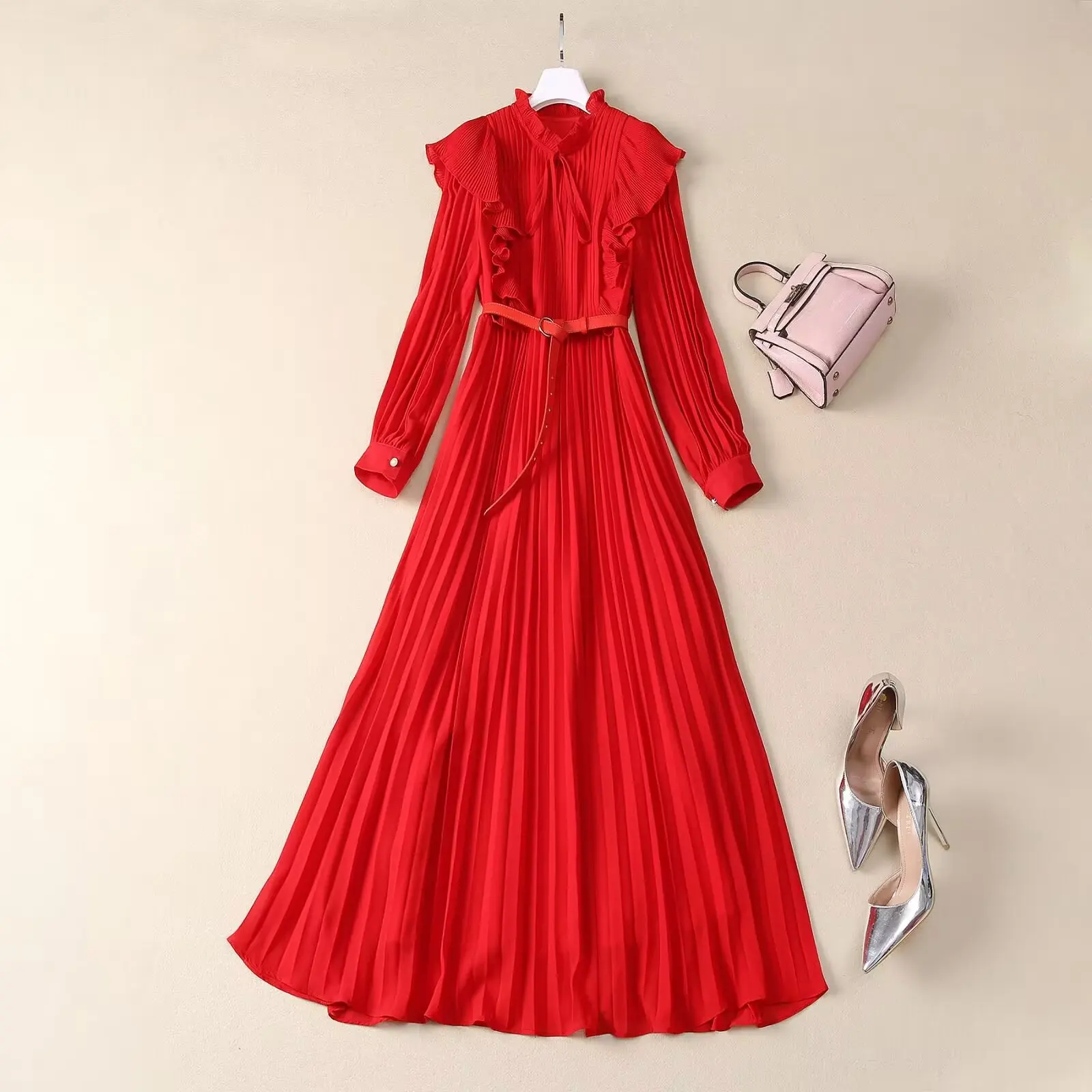 

European and American women's clothing 2024 fall new Long sleeve stand collar belt ruffled edge fashion Pleated dress XXL