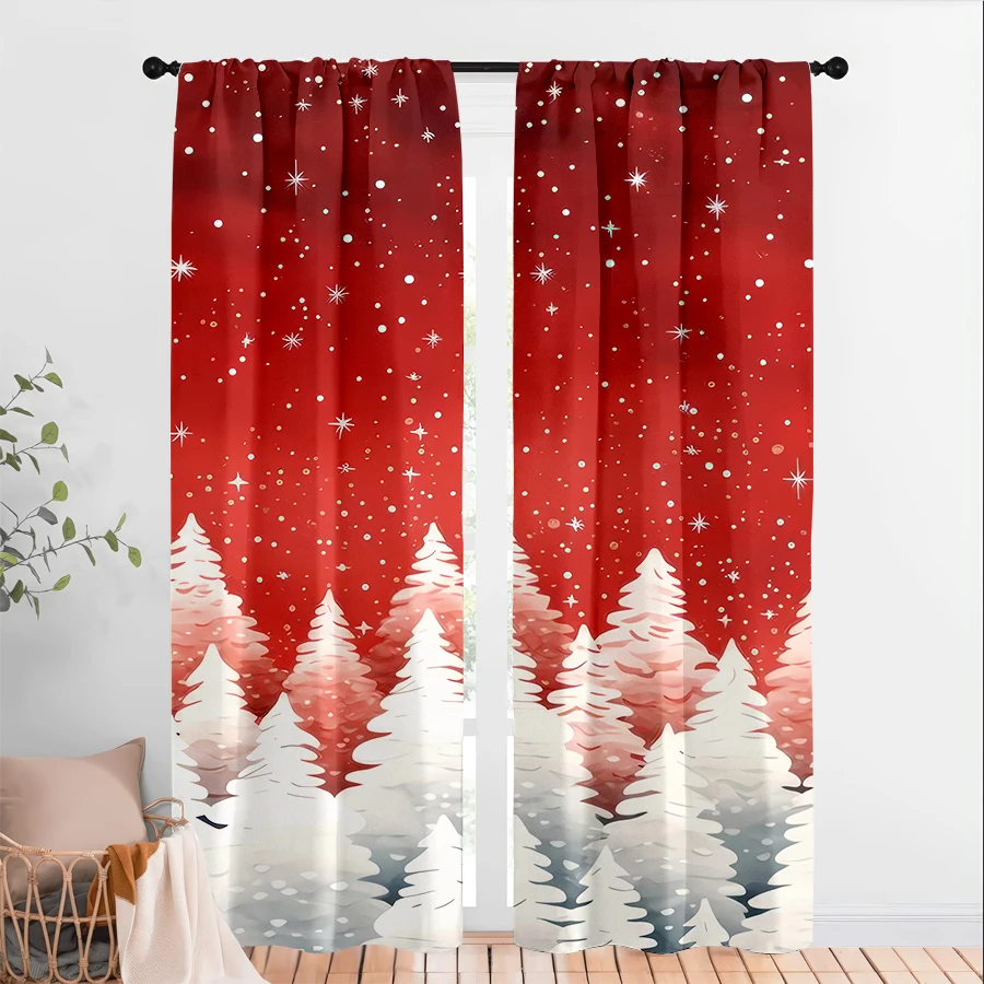 2PCS Christmas Winter Curtains, Red Snowy Forest Scene, Digital Print, Bedroom Living Room, Rod Pocket Polyester, Home Decor