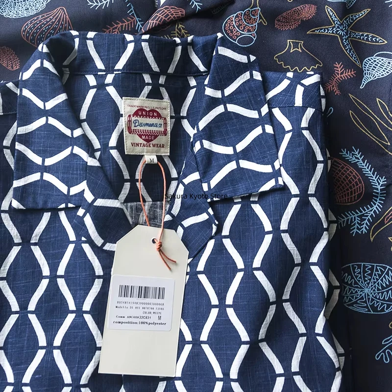 

Japanese retro indigo bamboo cotton and linen shirt printed casual short sleeves