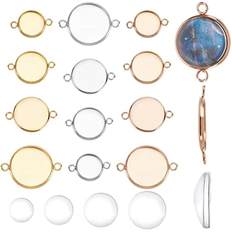 

48Pcs Stainless Steel Cabochon Settings Kit 4 Sizes Bezel Tray Connectors with Double Loop Flat Round Links Connector DIY