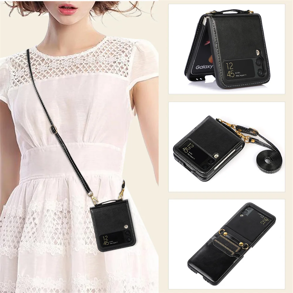 Etui na telefon Crossbody do Samsung Galaxy Z Flip 5 4 3 5G Flip5 Flip4 Slot na karty kredytowe Wstrząsoodporna skórzana tylna obudowa ze smyczą