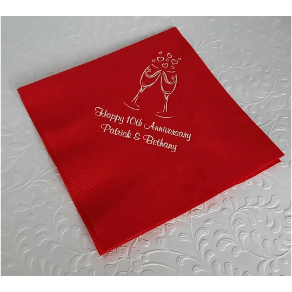 50Pcs Personalized Champagne Wedding Cocktail Napkins -  Anniversary Reception Napkins Engagement Party Napkins with Hearts