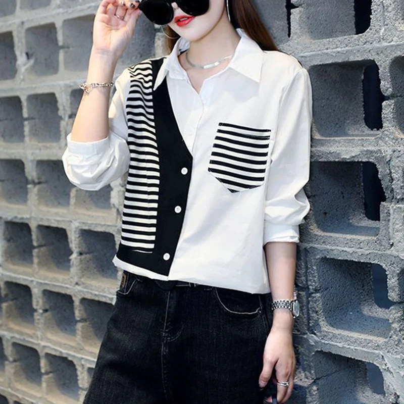 Summer Polo-neck Striped Patchwork Long Sleeve Cardigan Shirt Women Casual Fashion Top Lady Oversized Streetwear Vintage Blouse