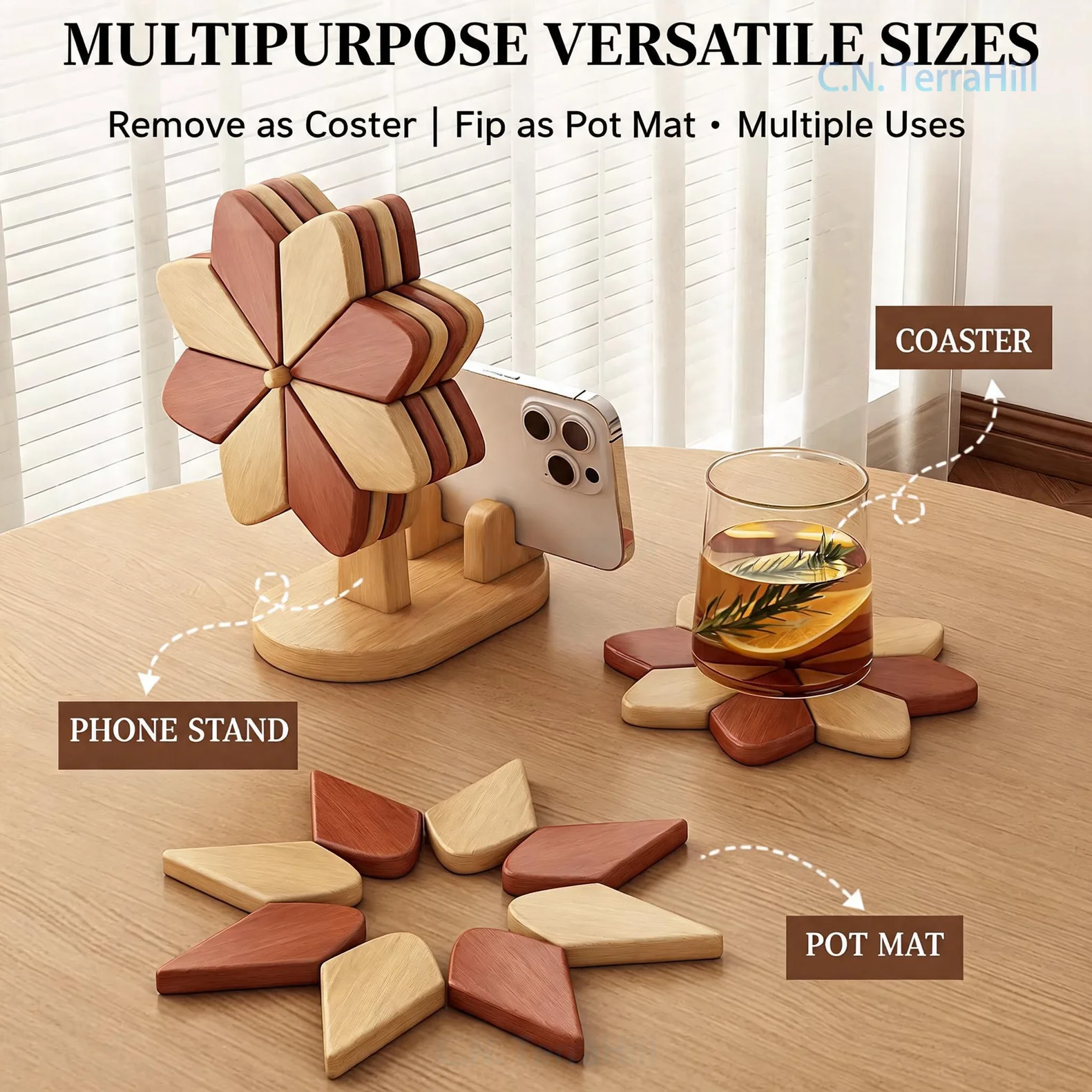 Wooden Windmill Coaster Insulation Mat Heat Resistant Table Placemat Bowl Pot Pad Phone Stand Decorative Ornament
