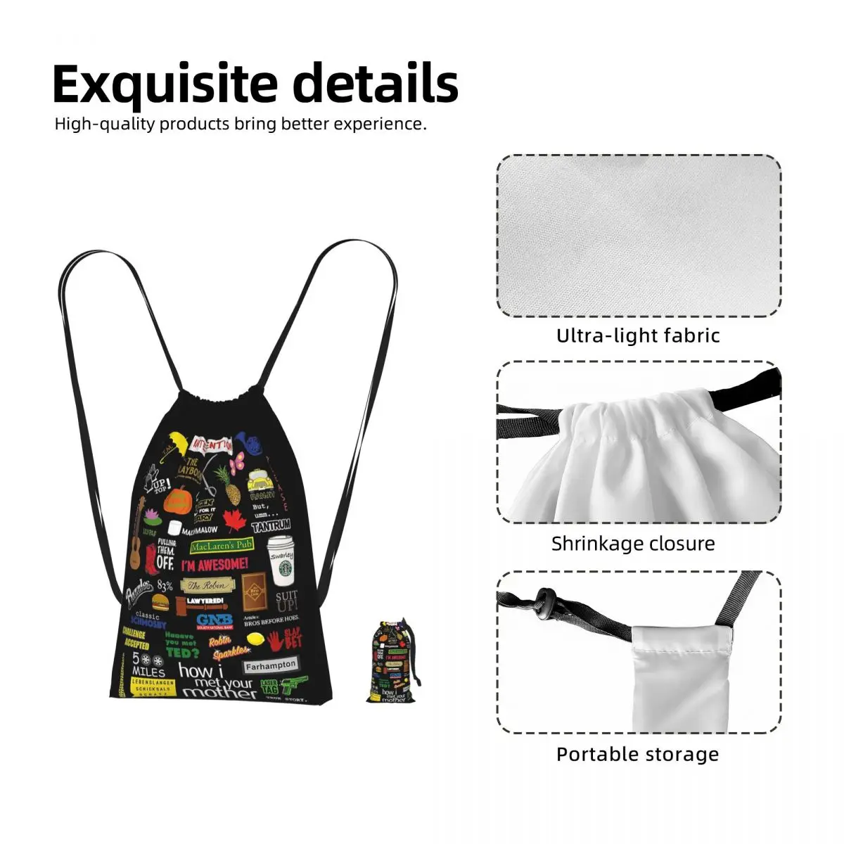 How I Met Your Mother HIMYM TV Show Collage Drawstring Backpack hiking cycling Bag Lightweight Foldable Storage Drawstring Bag