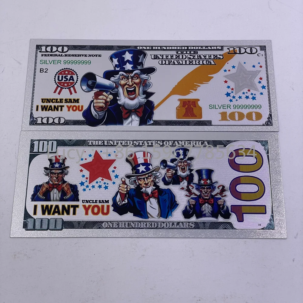 أمريكا العم سام "أنا أريدك" الأوراق النقدية الفضية 100 دولار أموال بلاستيكية قابلة للجمع فواتير تذكارية هدايا للحفلات #5
